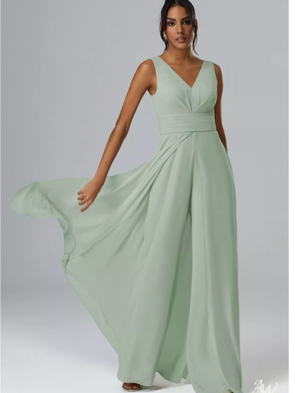 V-Neck Sage Green Sleeveless Jumpsuit with Draped Palazzo Pants